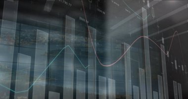 Pencereden şehir manzarasının havadan görüntüsü üzerinden istatistiksel veri işleme resmi. İş veri teknolojisi kavramı