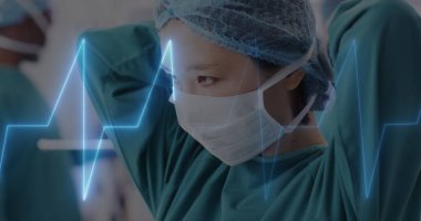 Hastanede çalışan çeşitli doktorların kardiyografisi. Tıp, sağlık ve dijital arayüz kavramı dijital olarak oluşturulmuş görüntü.