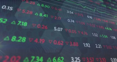 Finansal veri işleme resmi ve şekiller üzerinde simgeler. Küresel finansman, bilgisayar ve dijital arayüz kavramı dijital olarak oluşturulmuş görüntü.