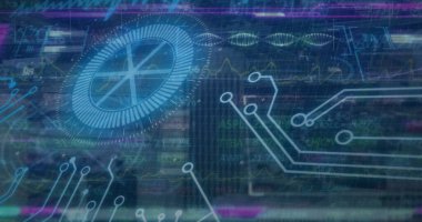 Şehir manzarası üzerinde veri işleme resmi. küresel iş ve dijital arayüz kavramı dijital olarak oluşturulmuş görüntü.