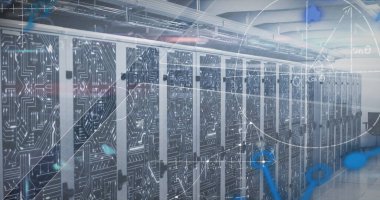 Bağlantı ve sunucu ağının resmi. Teknoloji ve veri işleme kavramını dijital olarak oluşturun.