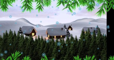 Kış manzarasında birden fazla ağaç ve evin üzerine düşen yeşil ağaç dalları ve kar taneleri. Noel şenliği ve kutlama konsepti