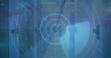 Bilgisayar sunucu odasında tarama ve veri işleme resmi. Küresel iletişim, iş, veri ve dijital arayüz kavramı dijital olarak oluşturulmuş görüntü.