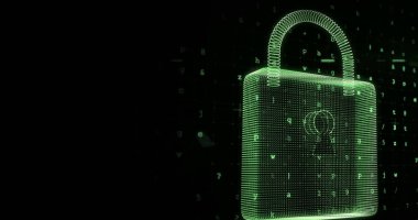 Çevrimiçi yeşil güvenlik kilidinin resmi ve arka planda veri işleme sistemi var. küresel bağlantılar, dijital arayüz ve dijital olarak oluşturulan güvenlik konsepti.
