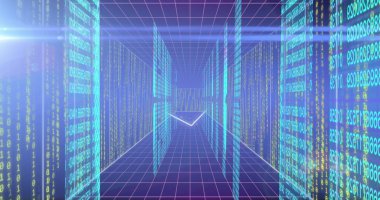 Bilgisayar sunucuları üzerinden veri işleme ve bağlantılarının resmi. Küresel bağlantılar, dijital arayüz, veri işleme ve hesaplama kavramı dijital olarak oluşturuldu.