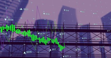 Şehir manzarası üzerinde finansal veri işleme resmi. küresel iş, finans, dijital arayüz ve dijital olarak oluşturulmuş görüntü işleme kavramı.