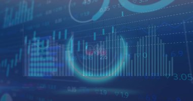 0 'ın görüntüsü, arka planda çeşitli grafikler ve alım satım tahtaları üzerinde daire şeklinde. Dijital olarak üretilen hologram, illüstrasyon, rapor, iş, şekil, sembol ve borsa kavramı.