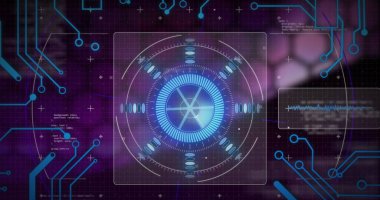 Siyah arkaplanda tarama yapan veri işleme resmi. Küresel teknoloji, bilgisayar ve dijital arayüz kavramı dijital olarak oluşturulmuş görüntü.