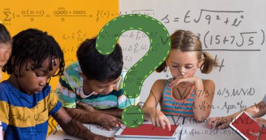 Image of green question mark and maths equations over diverse primary school class. education, school and learning concept digitally generated image. clipart