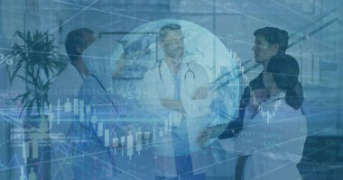 Çeşitli doktorların veri işleme görüntüsü. küresel tıp, sağlık ve veri işleme kavramı dijital olarak oluşturulmuş görüntü.