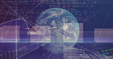 Karton kutuların üzerinde hareket eden küre ve veri işleme resmi. küresel sevkiyat ve dağıtım konsepti dijital olarak oluşturuldu.