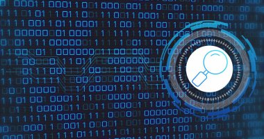 Mavi arkaplan üzerinde cam simge okunan veri işleme resmi. Küresel teknoloji ve dijital arayüz konsepti dijital olarak oluşturuldu