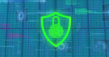 Mavi arkaplana karşı ikili kodlama veri işleme üzerine güvenlik kilidi simgesi resmi. Siber güvenlik ve iş teknolojisi kavramı 