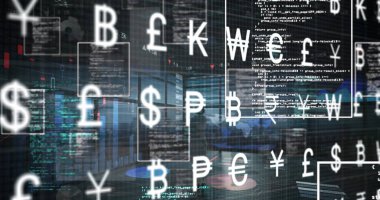 Siyah arkaplanda para birimi sembolü ve veri işleme resmi. Veri işleme, finans ve dijital para birimi konsepti dijital olarak oluşturulmuş görüntü.