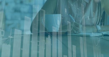 İş kadını yazıları üzerine finansal veri işleme resmi. küresel finans ve iş konsepti dijital olarak oluşturulmuş imaj.