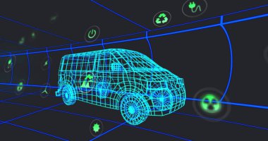 3D Van Modeli üzerinde birden fazla dijital simge tünelde pürüzsüz bir şekilde hareket ediyor. Otomobil mühendisliği ve sürdürülebilir enerji kavramı