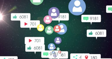 Uzayın üzerindeki medya simgelerinin resmi. Sosyal medya ve iletişim arayüzü kavramı dijital olarak oluşturulmuş görüntü.