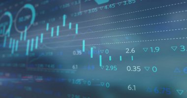 Borsa görüntüsü, diyagramlar ve mavi arka planda veri işleme. Küresel iş ve dijital arayüz kavramı, dijital olarak oluşturulmuş görüntü.