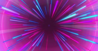 Mor neon ışık izleri ve siyah arkaplan üzerinde daireler. Soyut, neon ve şekiller konsepti, dijital olarak oluşturulmuş görüntü.