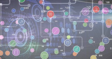 Gri arkaplanı tarayan dürbünlerin üzerindeki dijital simgelerin resmi. küresel teknoloji, bağlantılar ve dijital arayüz konsepti dijital olarak oluşturulmuş görüntü.