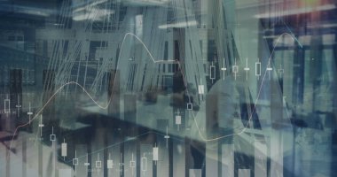 Yoğun şehrin finansal veri işleme görüntüsü. iş, dijital arayüz ve veri işleme kavramı dijital olarak oluşturulmuş görüntü.