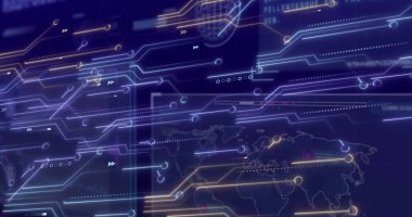 Siyah arkaplandaki veri işleme üzerinde bilgisayar devre kartı resmi. Küresel bilim, bilgisayar ve dijital arayüz kavramı dijital olarak oluşturulmuş görüntü.