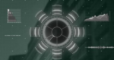 Yuvarlak tarayıcının ve yüksek binaların veri işleme görüntüsü. Bilgisayar arayüzü ve iş teknolojisi kavramı