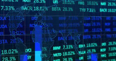 Finansal veri işleme ve kara arkaplan üzerine dünya haritası olan istatistikler. Küresel finans, iş ve veri işleme kavramı dijital olarak oluşturulmuş görüntü.