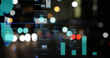 Şehir manzarası üzerindeki istatistiklerin resmi. business, data işleme, bağlantı, teknoloji ve dijital arayüz kavramı dijital olarak oluşturuldu.