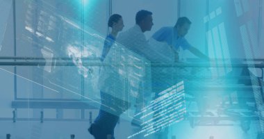 Hastanedeki çeşitli doktorlar ve hastalar üzerinde dünya ile veri işleme görüntüsü. Küresel tıp, sağlık ve dijital arayüz kavramı dijital olarak oluşturulmuş görüntü.