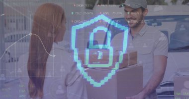 Kutulu beyaz erkek teslimatçının veri işleme görüntüsü. Küresel iş ve dijital arayüz kavramı dijital olarak oluşturulmuş görüntü.