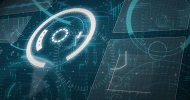 Koyu arkaplan üzerinde dijital arayüz resmi. Küresel iş, finans, veri işleme ve dijital arayüz kavramı dijital olarak oluşturuldu.