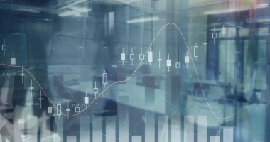 Ofiste yürüyen iş adamlarının finansal veri işleme görüntüsü. küresel finans, iş ve dijital arayüz kavramı dijital olarak oluşturulmuş görüntü.