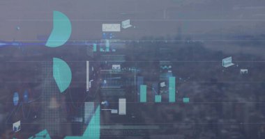 Modern şehir manzarası üzerinde veri işleme grafikleri ve grafikleri. Küresel iletişim, iş, veri ve dijital arayüz kavramı dijital olarak oluşturulmuş görüntü.