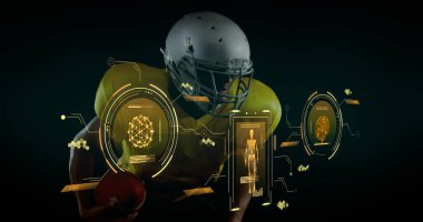 Afro-Amerikan erkek Amerikan futbolcunun veri işleme görüntüsü. Küresel spor, dijital arayüz, hesaplama ve veri işleme kavramı dijital olarak oluşturuldu.