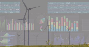 Rüzgar türbinleri ve peyzaj üzerindeki finansal veri işleme görüntüsü. küresel finans, iş ve dijital arayüz kavramı dijital olarak oluşturulmuş görüntü.