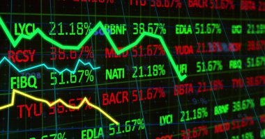 Karanlık arka planda finansal veri işleme resmi. Küresel iş, finans ve veri işleme kavramı dijital olarak oluşturulmuş görüntü.