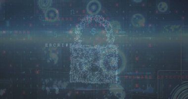 Siyah arkaplan üzerinde simgeler ve veri işleme ile kapsam taraması resmi. Küresel teknoloji, bilgisayar ve dijital arayüz kavramı dijital olarak oluşturulmuş görüntü.