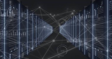 Bilgisayar sunucuları üzerinden bağlantı ve veri işleme ağının resmi. Küresel bağlantılar, bulut hesaplama, dijital arayüz ve dijital olarak oluşturulan veri işleme kavramı.