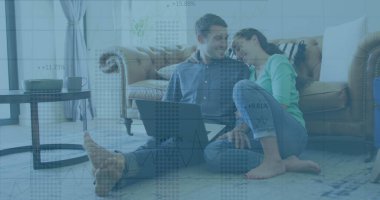 Kafkasyalı çiftin finansal veri işleme ve istatistikleri. Küresel iş, finans ve veri işleme kavramı dijital olarak oluşturulmuş görüntü.