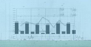 Rüzgar türbinleri ve peyzaj üzerindeki finansal veri işleme görüntüsü. küresel finans, iş ve dijital arayüz kavramı dijital olarak oluşturulmuş görüntü.
