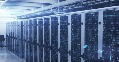 Arkaplandaki sunucu odasında bilgi arayüzü ve lens parlamasının resmi. Dijital bileşik, çoklu pozlama, küreselleşme, sonar, rapor, finans, teknoloji, ağ sunucusu kavramı.