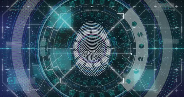 Biometrinen Peukalonjälki Vastaan Skanneri Tietojen Käsittely Sinisellä Pohjalla Tietokonekäyttöliittymäteknologian Kyberturvallisuuden — kuvapankkivalokuva