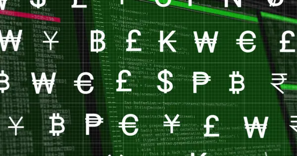 Image Currency Symbols Data Processing Green Background Finance Economy Technology — Stock Photo, Image