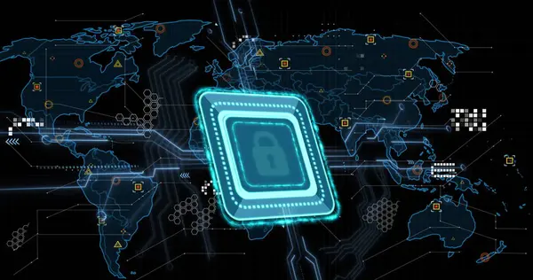 Image Von Online Sicherheitsschloss Markierungen Und Datenverarbeitung Über Weltkarte Globale — Stockfoto