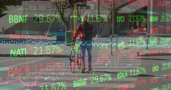 关于骑自行车的非洲裔美国白化病患者的财务数据和图表图像 全球商业 城市生活 金融和经济概念 — 图库照片