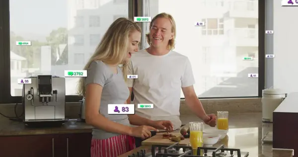 Image Social Media Notifications Smiling Couple Preparing Breakfast Sunny Kitchen — Stock Photo, Image