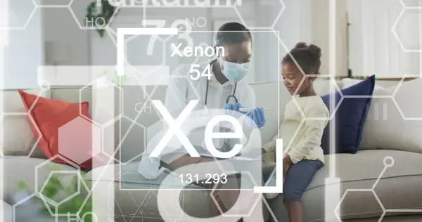 Image of chemical symbols over african american doctor and patient wearing face masks. global medicine, healthcare and technology during covid 19 pandemic concept digitally generated image.