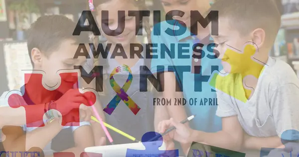 Image Colourful Puzzle Pieces Autism Text Kids Friends Autism Learning — Stock Photo, Image