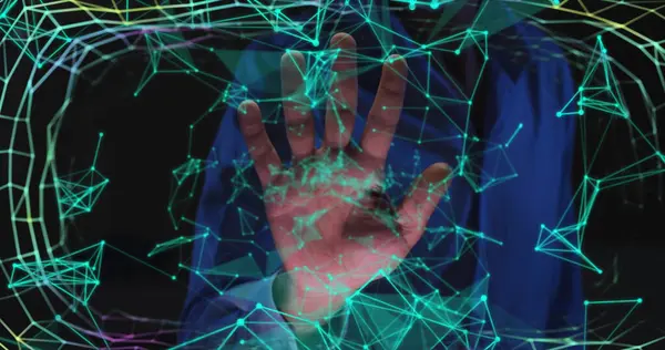 Kuva Biometrisestä Kädentarkastuksesta Yhteyksistä Tietojen Käsittelystä Tummalla Pohjalla Globaali Laskenta — kuvapankkivalokuva
